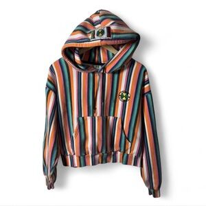 Cross Colours Ya Dig Hoodie - L - Multicolor Striped Cropped Fleece Sweatshirt
